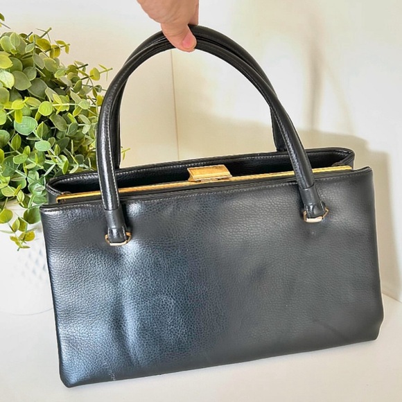 Vintage 60s black leather hand band with gold-tone hardware by National - Picture 1 of 8